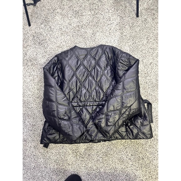 GANNI Black Quilted Ripstop Jacket Tie Waist Collarless Zip Up Womens Size L - Picture 13 of 13